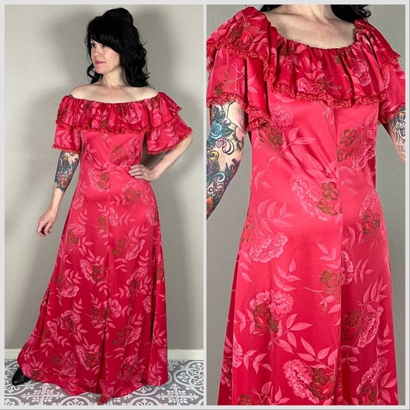 Vintage 60s/70s Handmade Pink Hawaiian Ruffle Maxi Dress - Picture 5 of 7